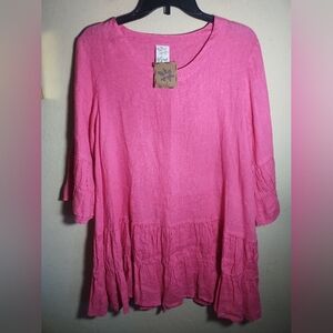 New Match Point Top Pink Linen Ruffle Tunic Boho Artsy Art To Wear Comfy Fit